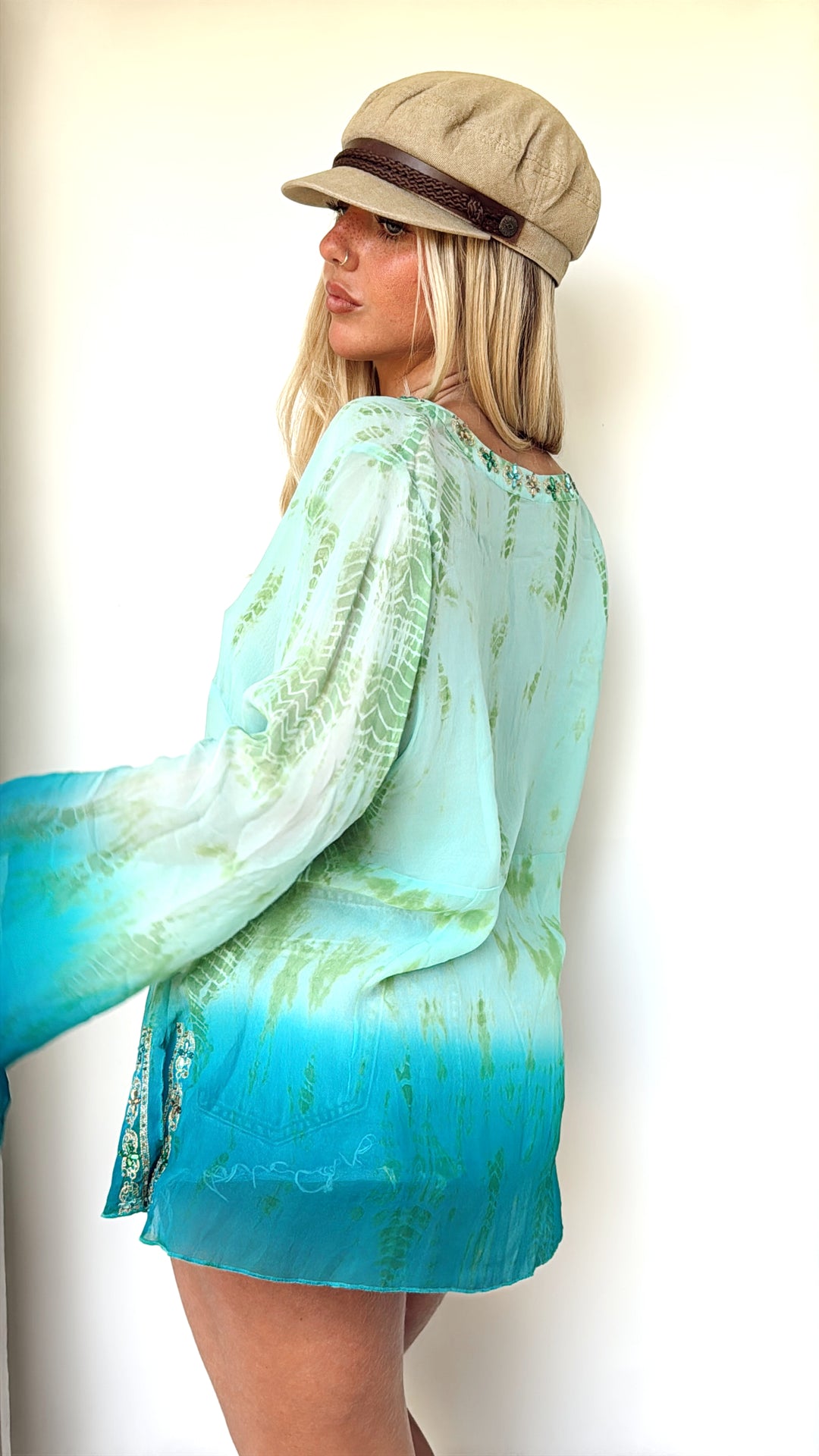 VTG GREEN SILK TUNIC TOP / MINI DRESS / L-XL