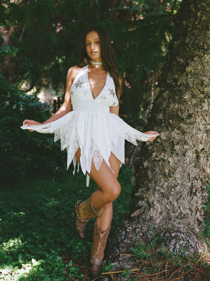 PHOENIX SPARKLE STAR PIXIE MINI DRESS  - WHITE