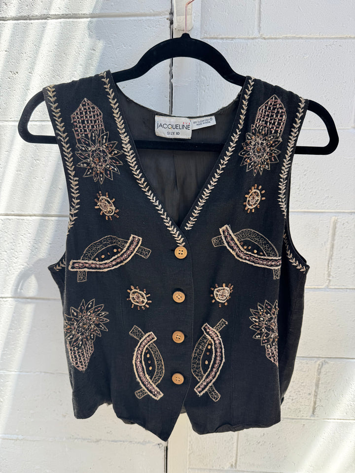 *VTG BLACK AND BROWN EMBROIDERED AND BEADED VEST / M