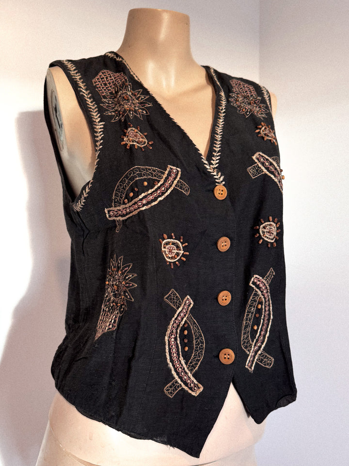 *VTG BLACK AND BROWN EMBROIDERED AND BEADED VEST / M