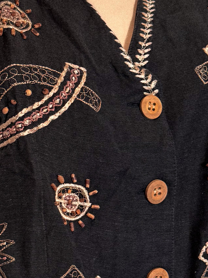 *VTG BLACK AND BROWN EMBROIDERED AND BEADED VEST / M
