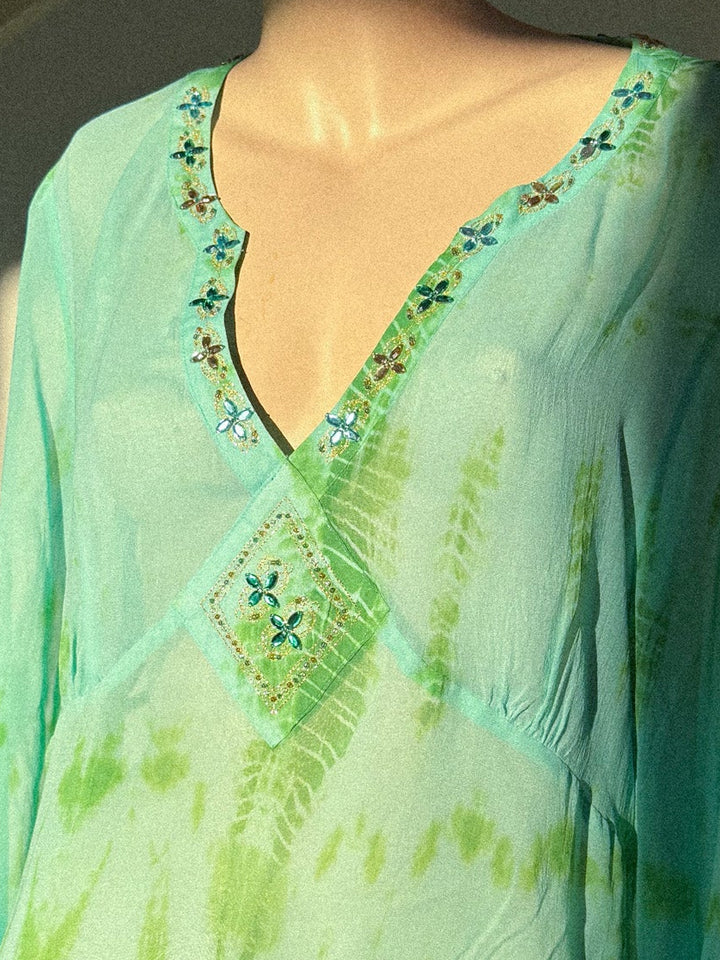 VTG GREEN FLOATY REAL SILK DYE KAFTAN LONG TOP / XL