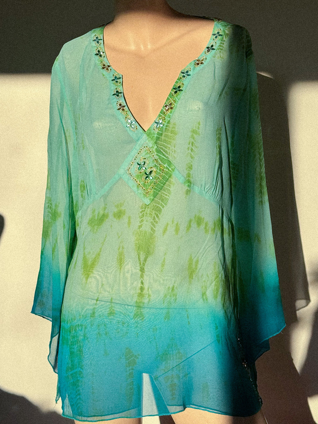 VTG GREEN FLOATY REAL SILK DYE KAFTAN LONG TOP / XL