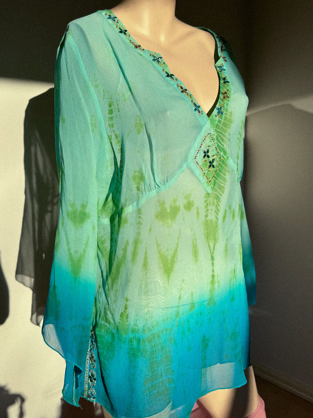VTG GREEN FLOATY REAL SILK DYE KAFTAN LONG TOP / XL