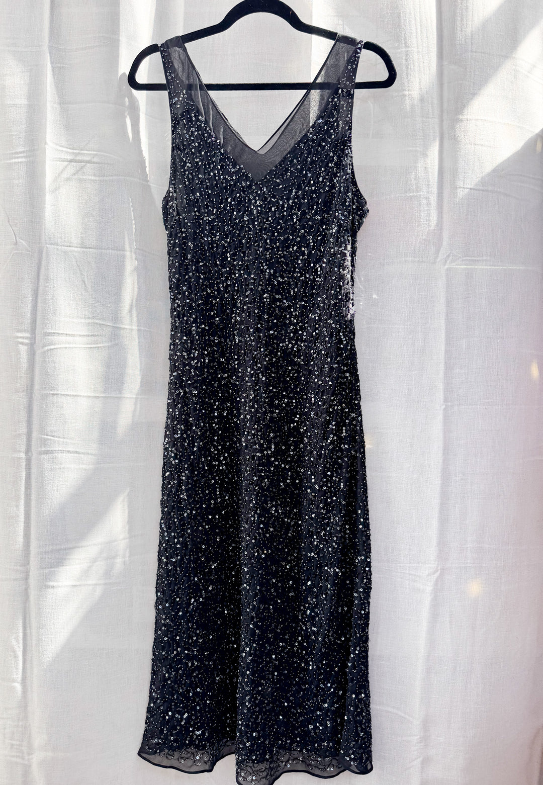 VTG DAHLIA V NECK BLACK BEADED SLIP STYLE DRESS / M-L