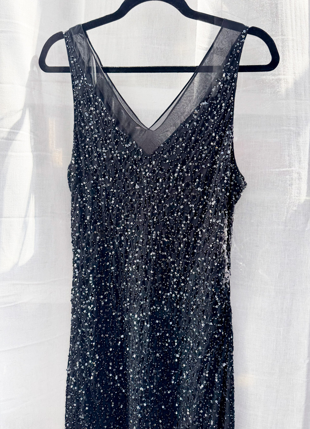 VTG DAHLIA V NECK BLACK BEADED SLIP STYLE DRESS / M-L