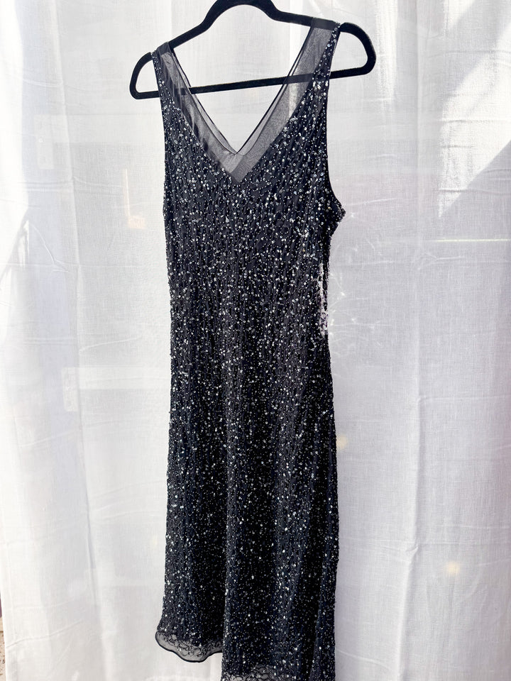 VTG DAHLIA V NECK BLACK BEADED SLIP STYLE DRESS / M-L