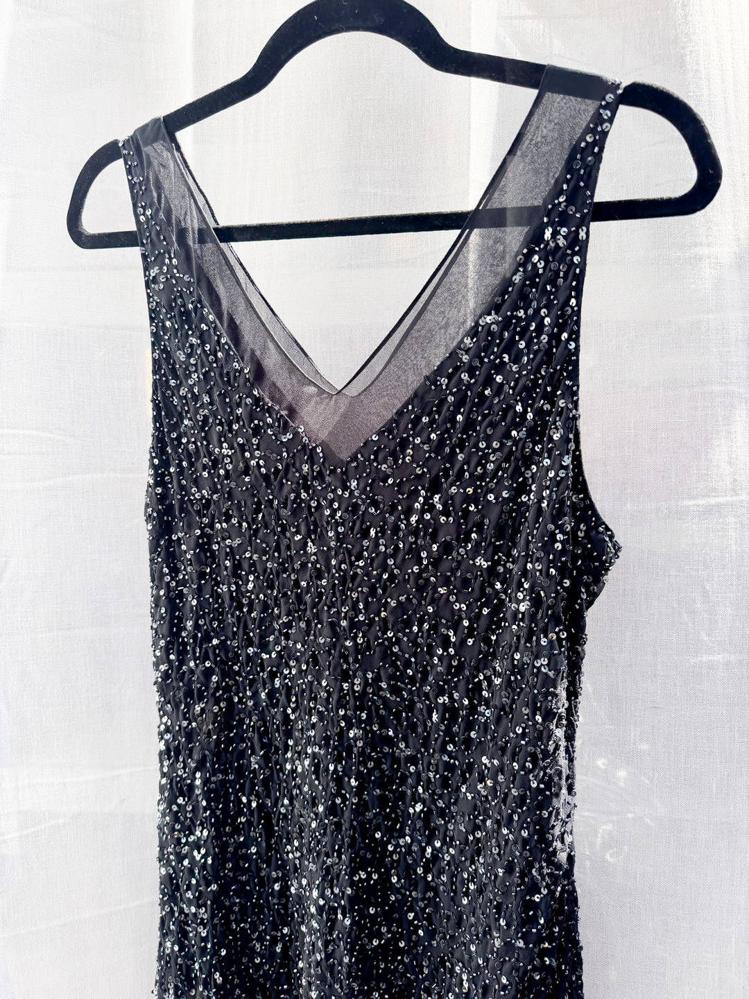 VTG DAHLIA V NECK BLACK BEADED SLIP STYLE DRESS / M-L