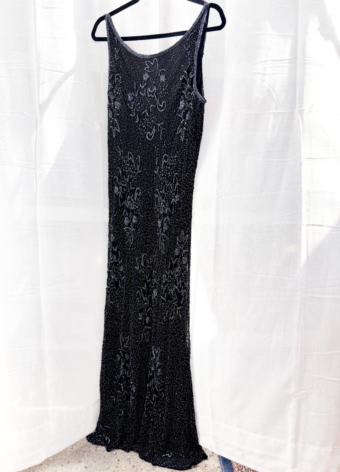VTG DAISY BLACK BEADED LOW BACK SLIP STYLE GOWN DRESS / XL