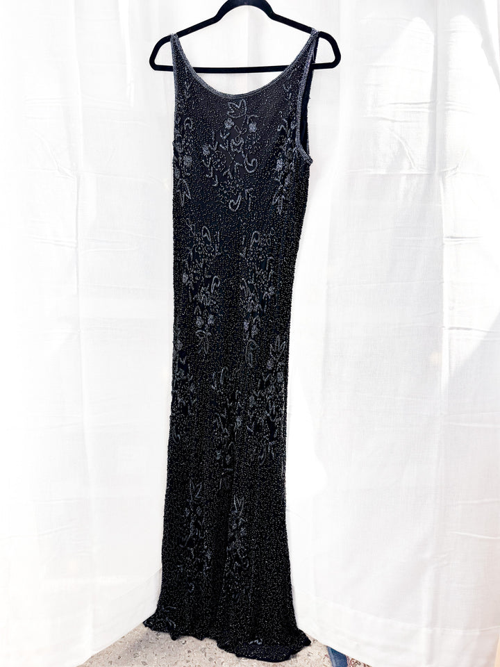 VTG DAISY BLACK BEADED LOW BACK SLIP STYLE GOWN DRESS / XL
