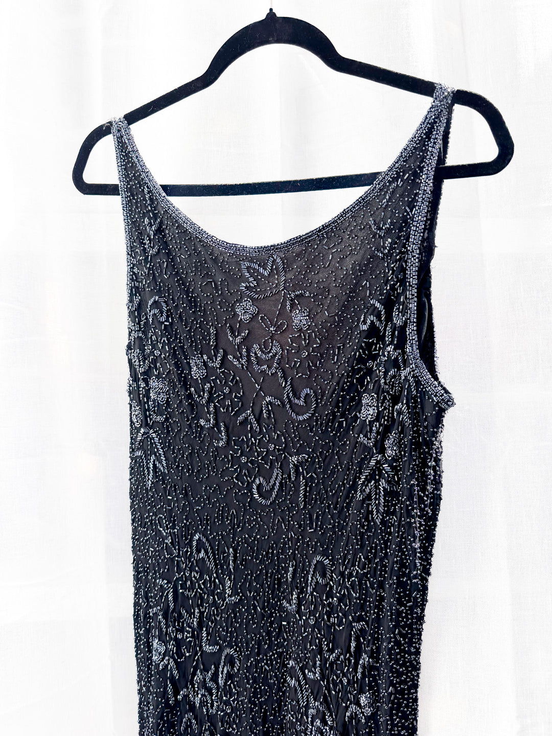 VTG DAISY BLACK BEADED LOW BACK SLIP STYLE GOWN DRESS / XL