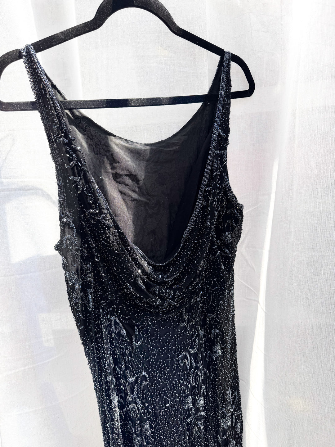 VTG DAISY BLACK BEADED LOW BACK SLIP STYLE GOWN DRESS / XL