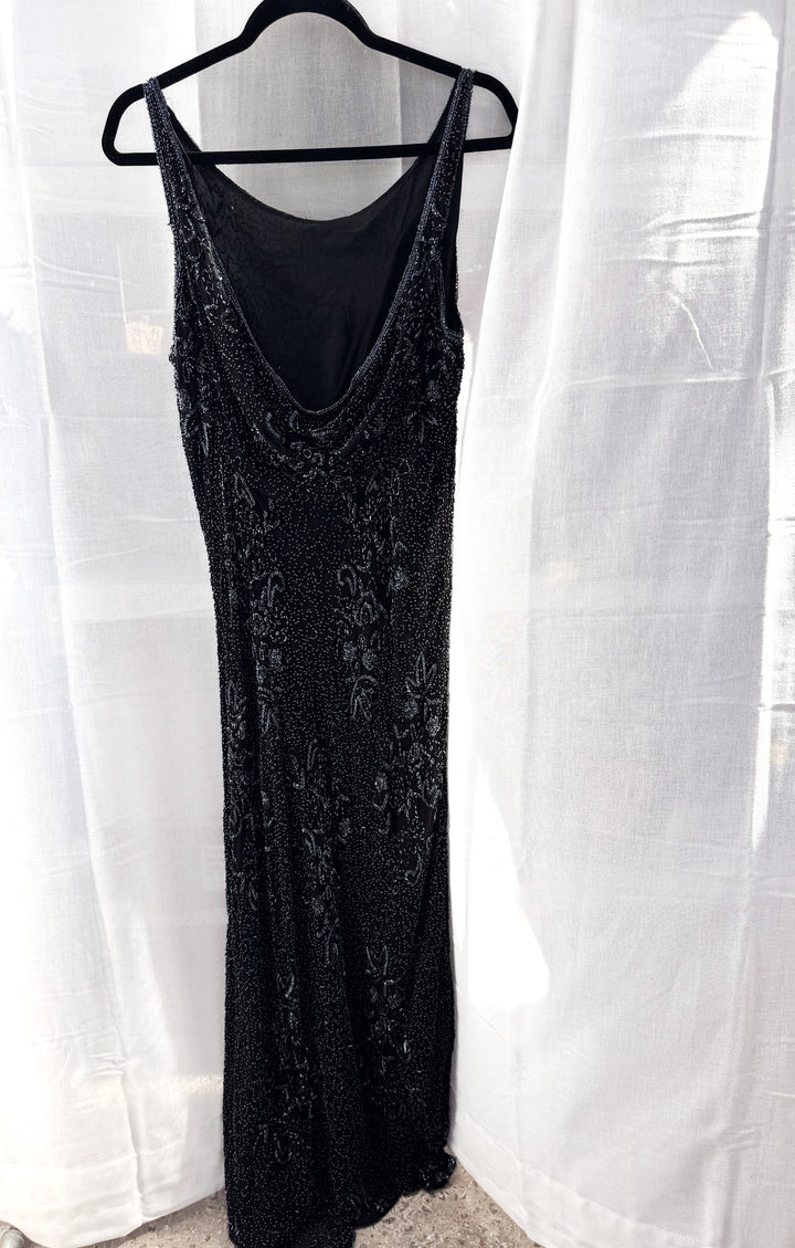VTG DAISY BLACK BEADED LOW BACK SLIP STYLE GOWN DRESS / XL