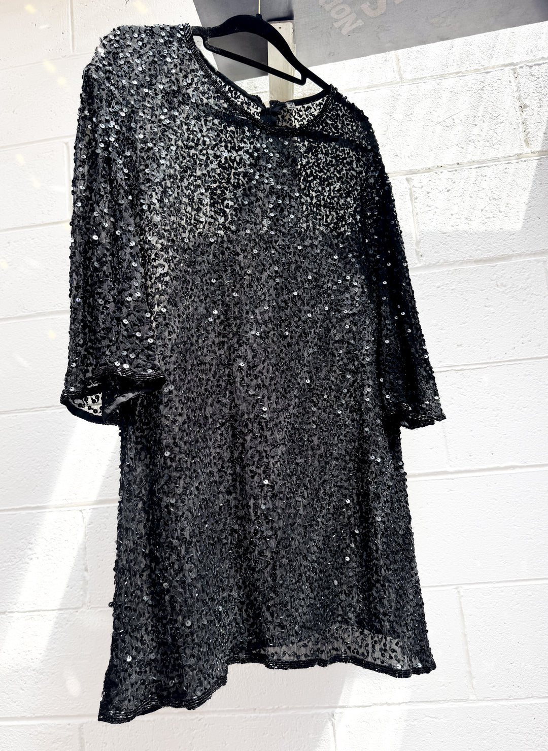 VTG SPARKLE SEQUIN BLACK LOOSE STYLE BLACK LONG TOP / L-XL
