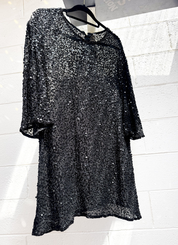 VTG SPARKLE SEQUIN BLACK LOOSE STYLE BLACK LONG TOP / L-XL
