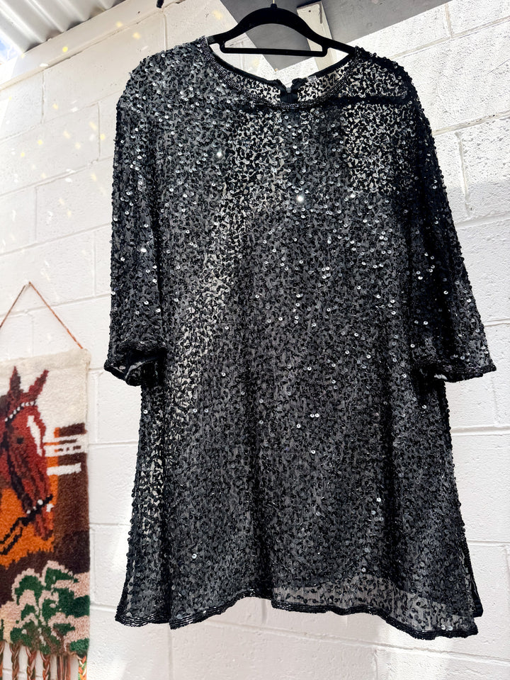 VTG SPARKLE SEQUIN BLACK LOOSE STYLE BLACK LONG TOP / L-XL