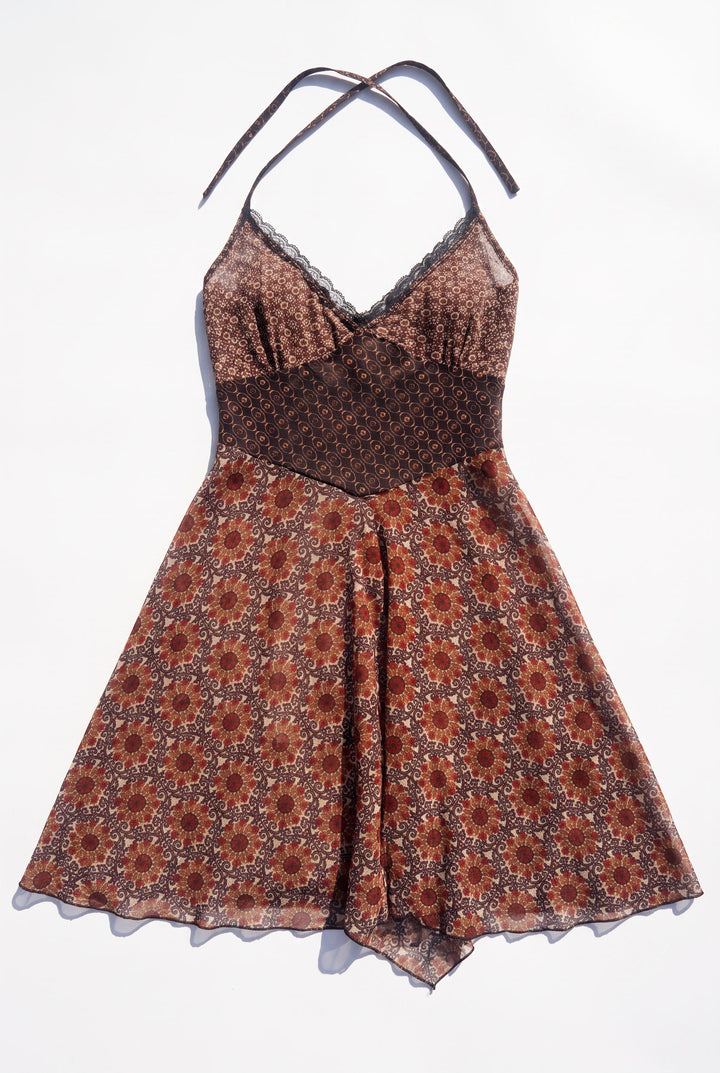 *FERN BROWN MESH PIXIE HALTER DRESS & ARMWARMER / M