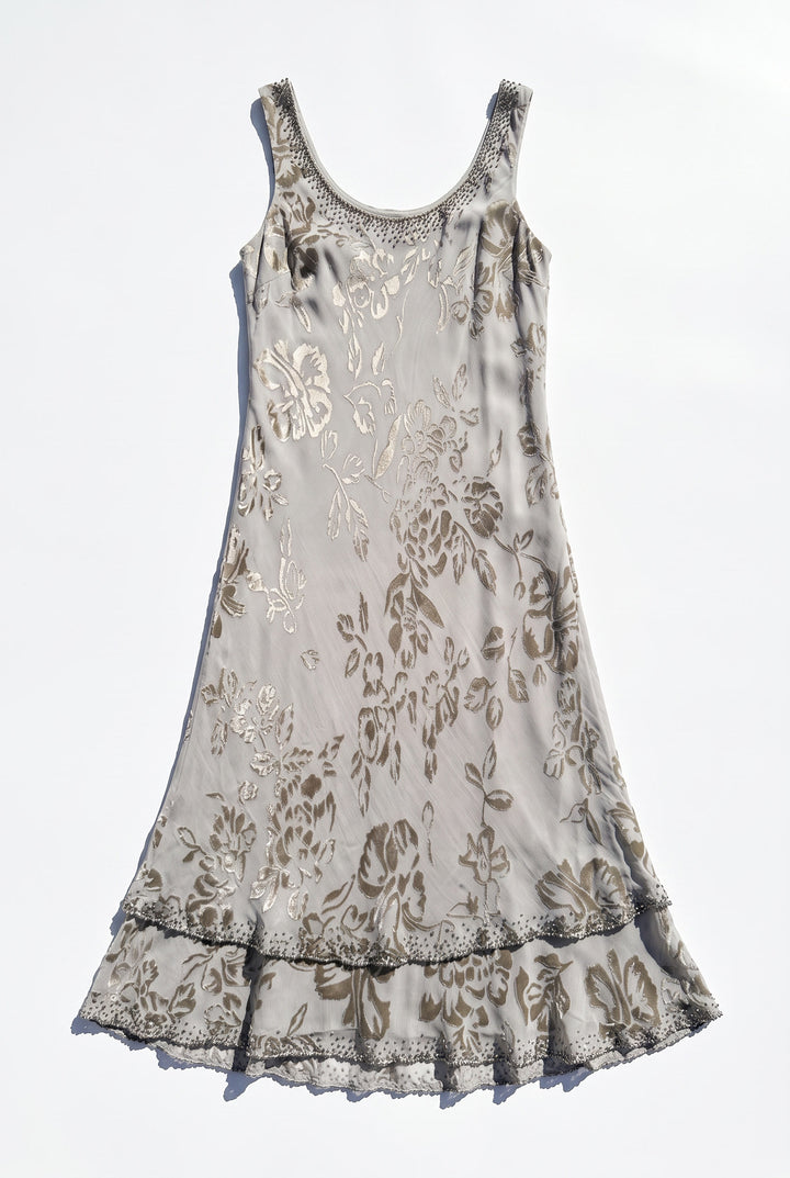 *BEAUTIFUL BEADED SILK MIDI DRESS / M-L