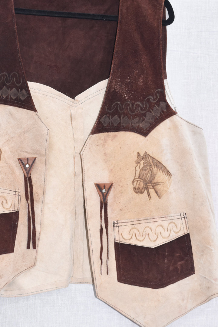 *VINTAGE MENS SUEDE TOOLED HORSE WESTERN VEST / L-XL