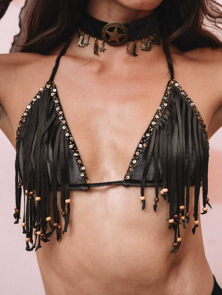 BAM BAM TASSEL BIKINI BRA - BROWN VELVET - Her Pony