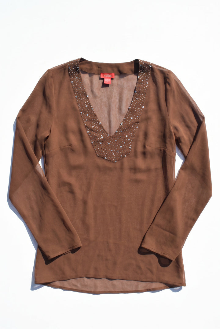*BROWN SHEER SILK TUNIC TOP WITH BEADING / S-M