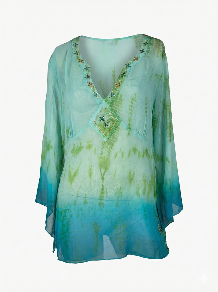 VTG GREEN FLOATY REAL SILK DYE KAFTAN LONG TOP / XL