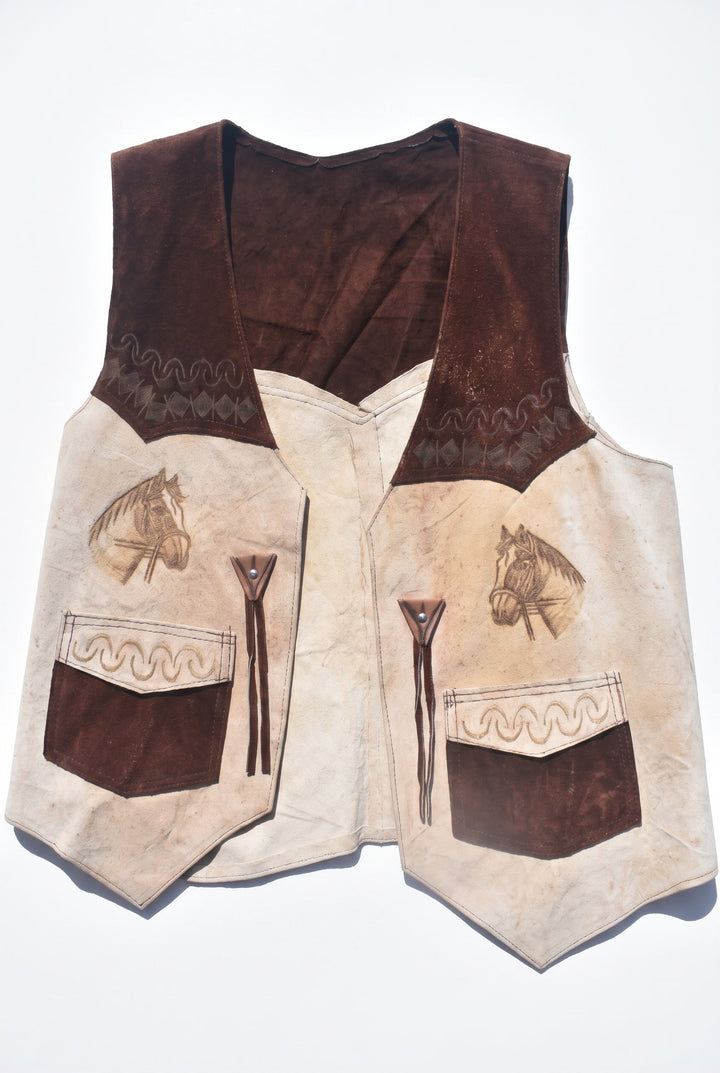 *VINTAGE MENS SUEDE TOOLED HORSE WESTERN VEST / L-XL
