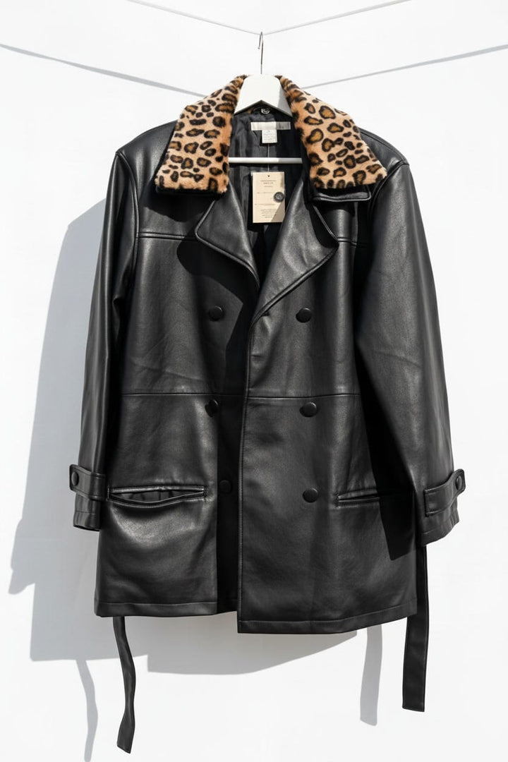 * Y2K FAUX LEATHER AND LEOPARD FUR JACKET / L - VINTAGE
