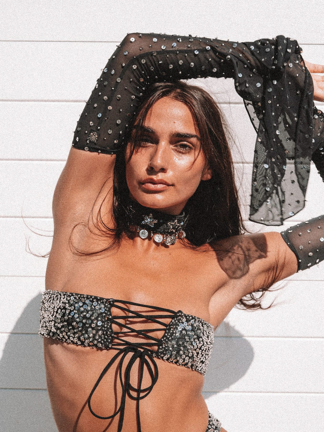 MADE TO ORDER / MERCURY SILVER SPARKLE TINY BANDEAU / BELT - BLACK/SILVER - Her Pony