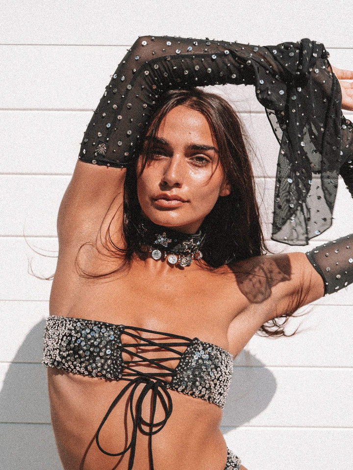 MADE TO ORDER / MERCURY SILVER SPARKLE TINY BANDEAU / BELT - BLACK/SILVER - Her Pony