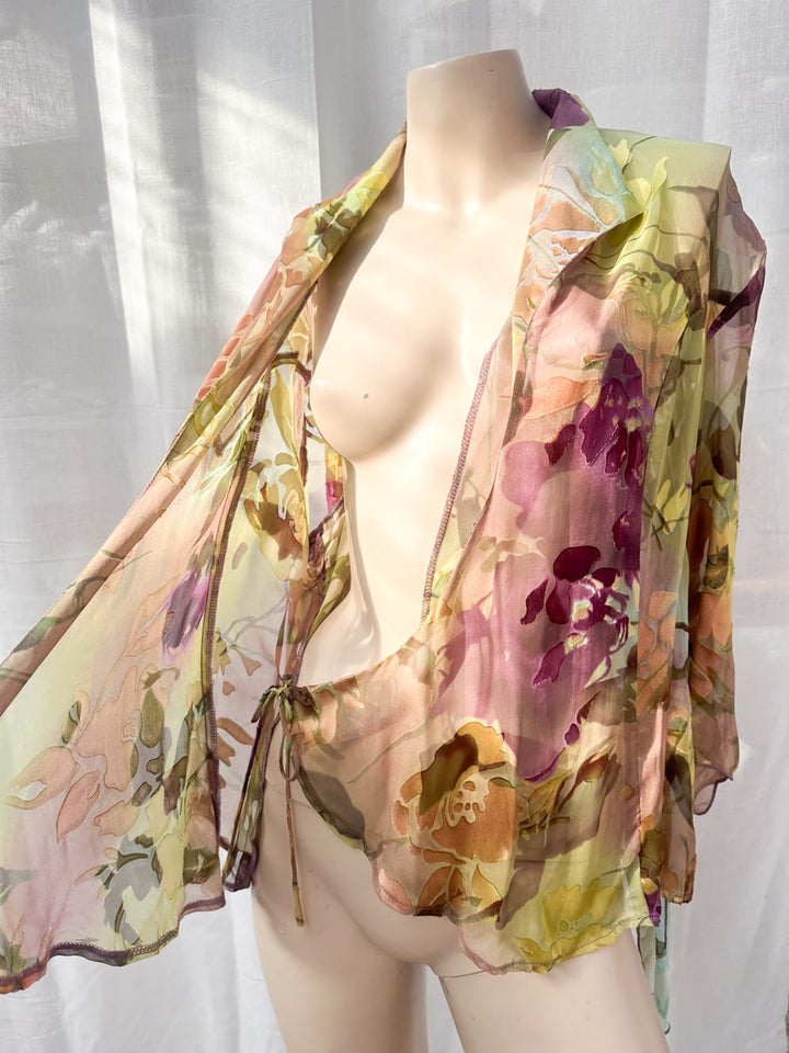 *OLIVE SILK WRAP TOP / L - VINTAGE