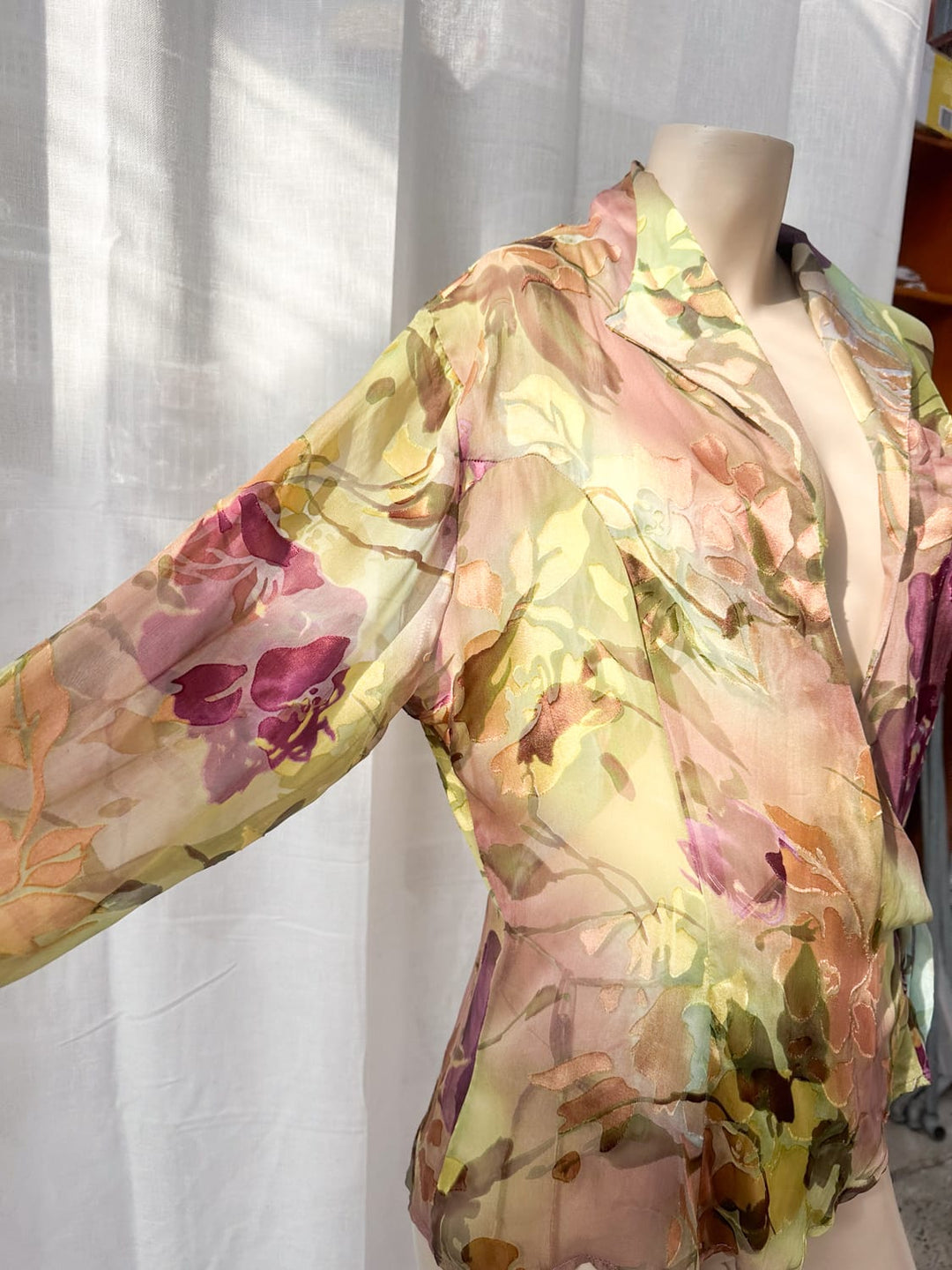 *OLIVE SILK WRAP TOP / L - VINTAGE