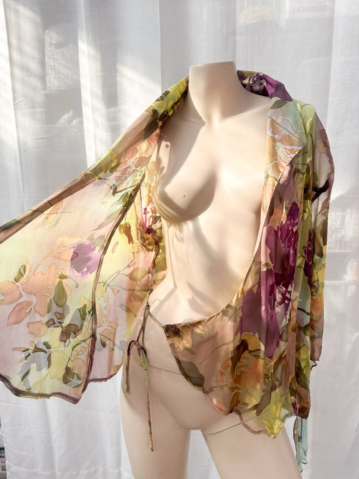 *OLIVE SILK WRAP TOP / L - VINTAGE