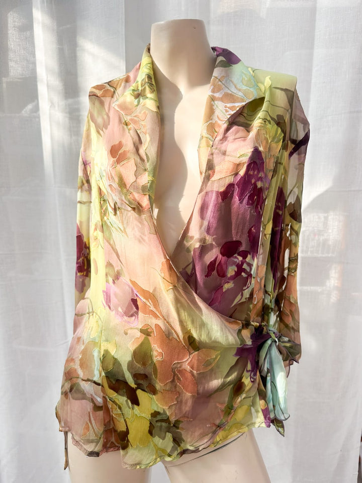 *OLIVE SILK WRAP TOP / L - VINTAGE
