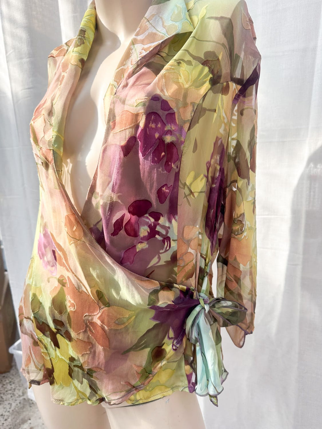 *OLIVE SILK WRAP TOP / L - VINTAGE