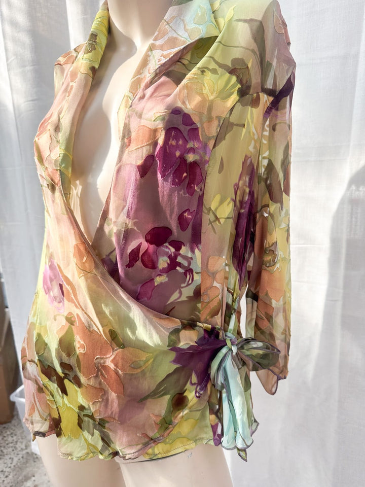 *OLIVE SILK WRAP TOP / L - VINTAGE