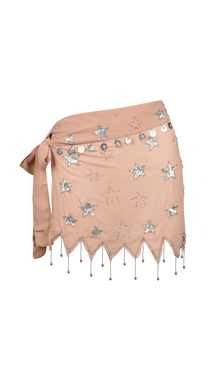 !!PEONY BEADED PIXIE TIE SKIRT - TAN/SILVER - Her Pony