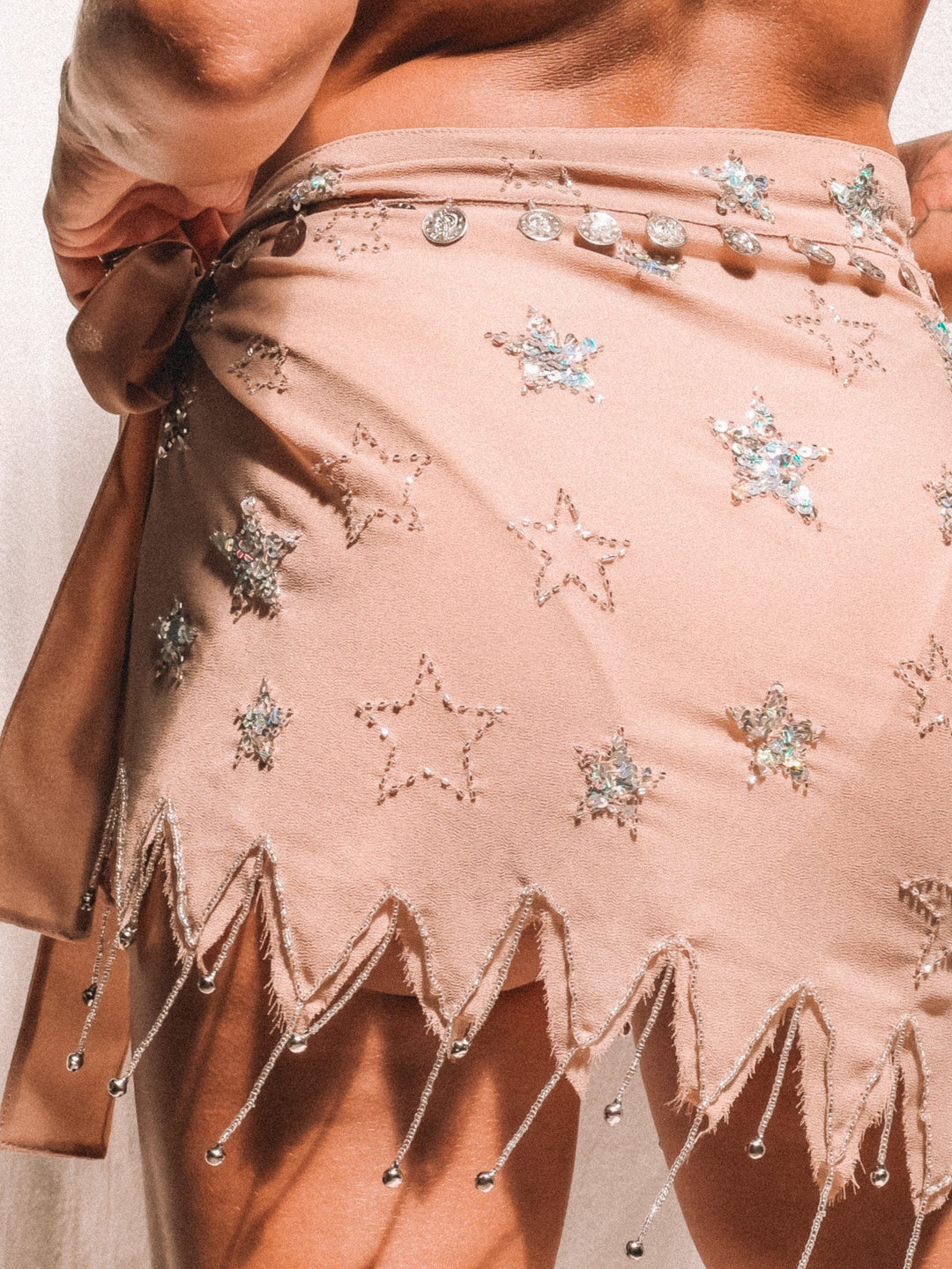 PEONY BEADED PIXIE TIE SKIRT - TAN/SILVER - Her Pony