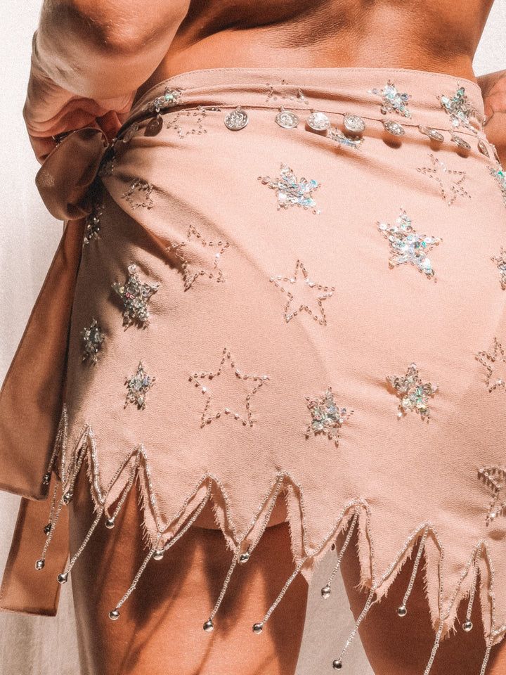 PEONY BEADED PIXIE TIE SKIRT - TAN/SILVER - Her Pony