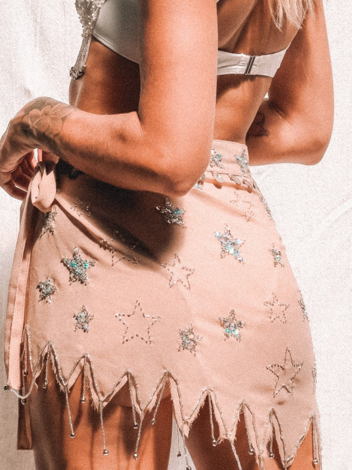 PEONY BEADED PIXIE TIE SKIRT - TAN/SILVER - Her Pony