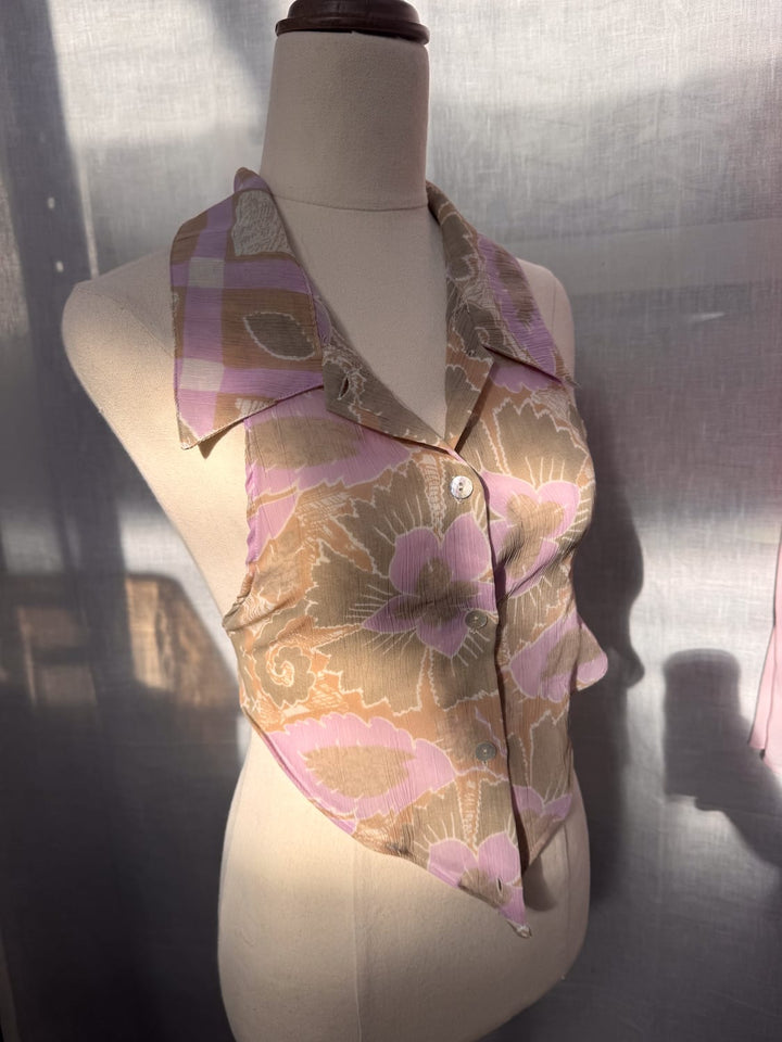 *PINK HIBISCUS RE-WORKED TOP / XS - VINTAGE