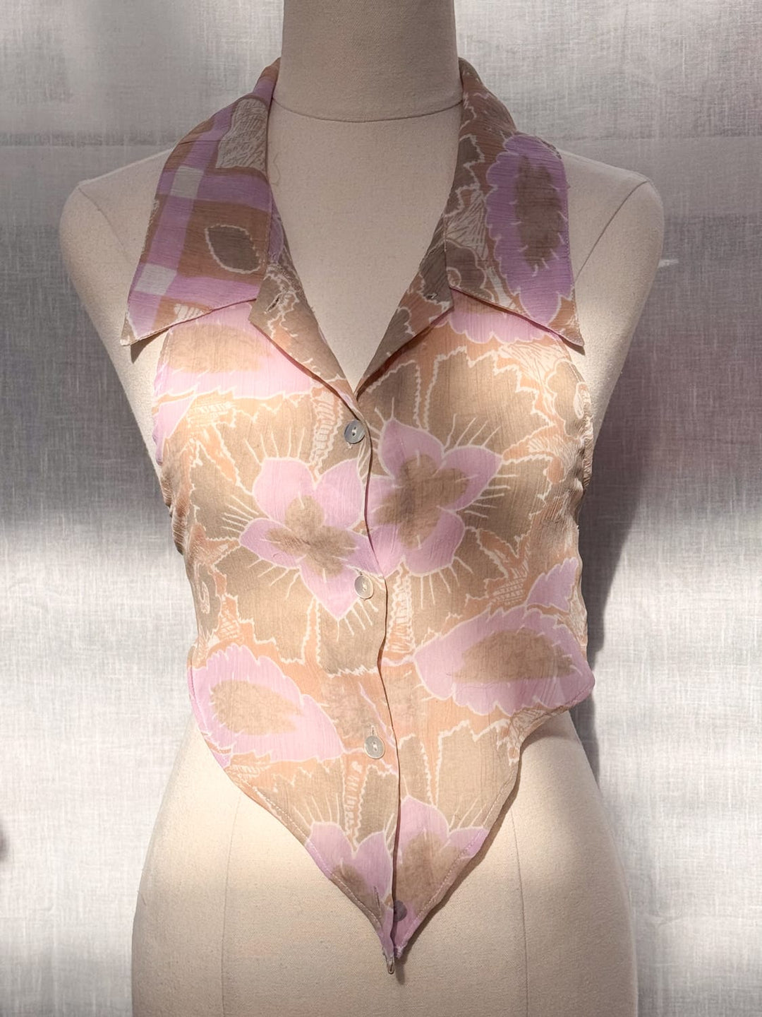 *PINK HIBISCUS RE-WORKED TOP / XS - VINTAGE