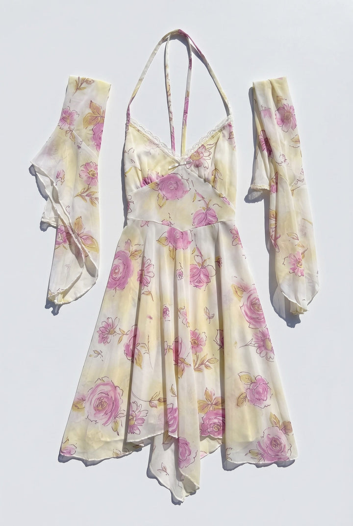 *PIXIE DRESS YELLOW PINK FLOWER / S - VINTAGE