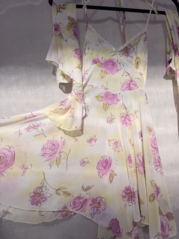 *PIXIE DRESS YELLOW PINK FLOWER / S - VINTAGE
