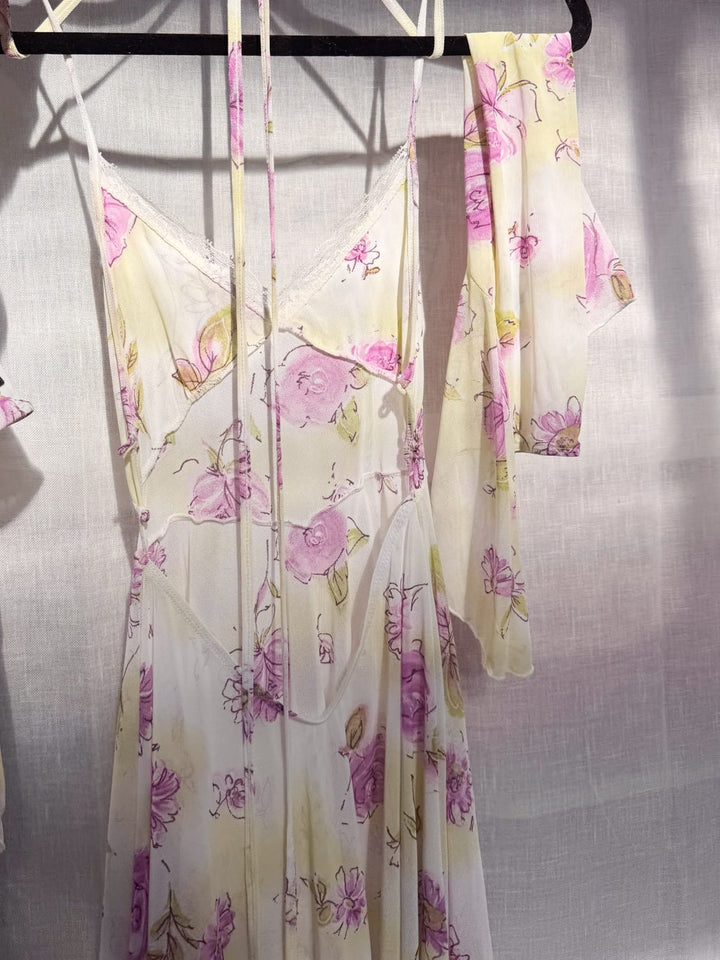 *PIXIE DRESS YELLOW PINK FLOWER / S - VINTAGE