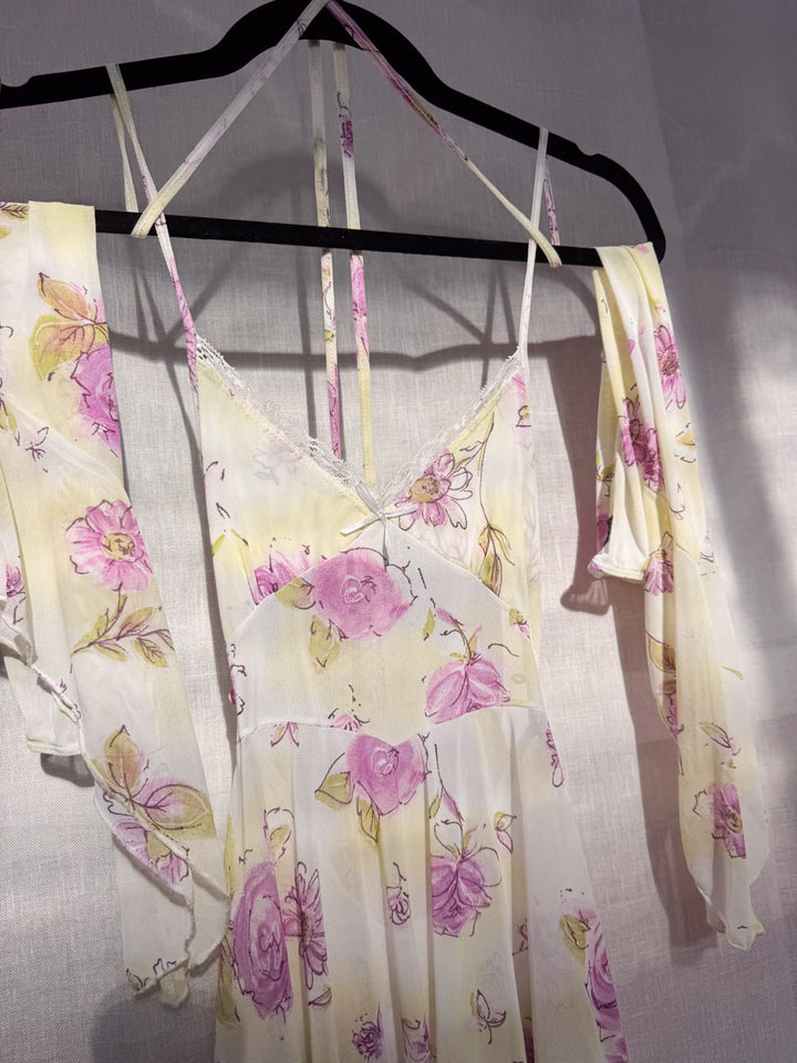 *PIXIE DRESS YELLOW PINK FLOWER / S - VINTAGE