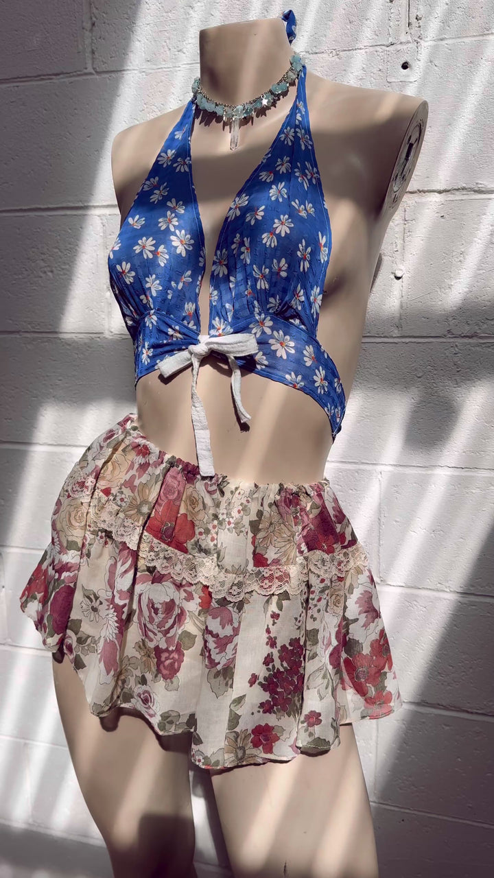 VTG PINK FLOWER ELASTIC WAIST SKIRT / XS-S