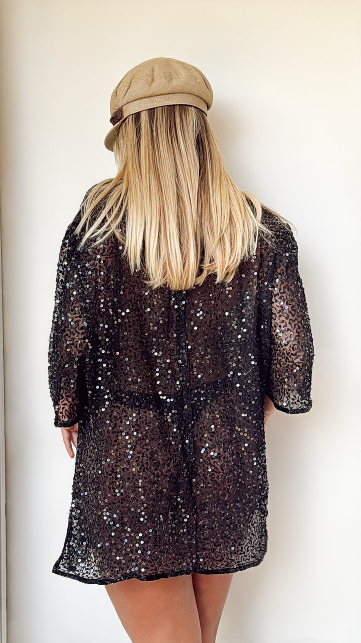 VTG SPARKLE SEQUIN BLACK LOOSE STYLE BLACK LONG TOP / L-XL
