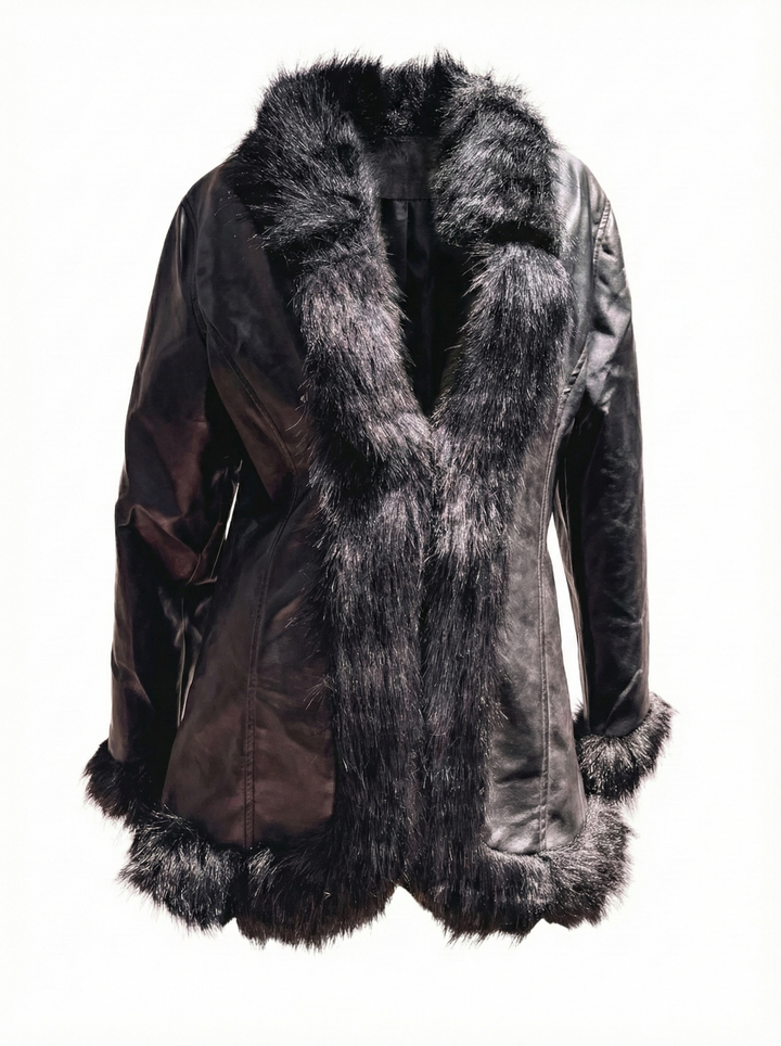 *VTG BLACK FAUX LEATHER & FUR JACKET / M