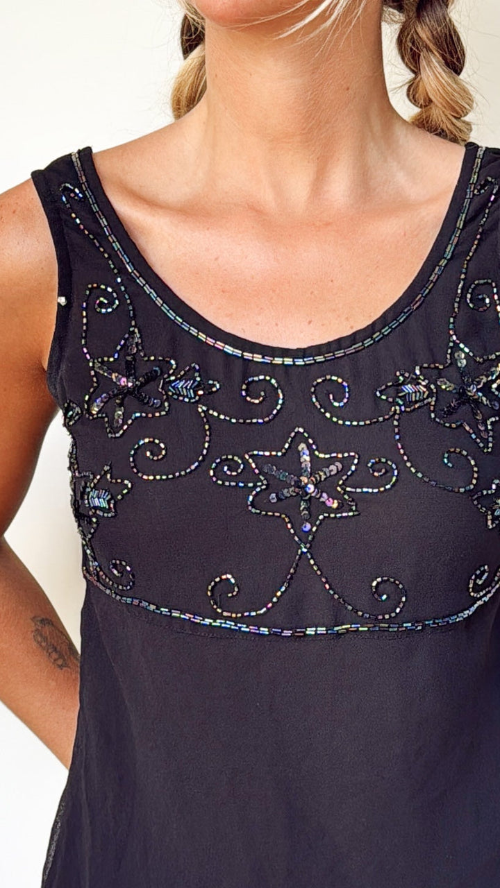 VTG BLACK BEADED TUNIC TOP /SUPER MINI DRESS / S-M